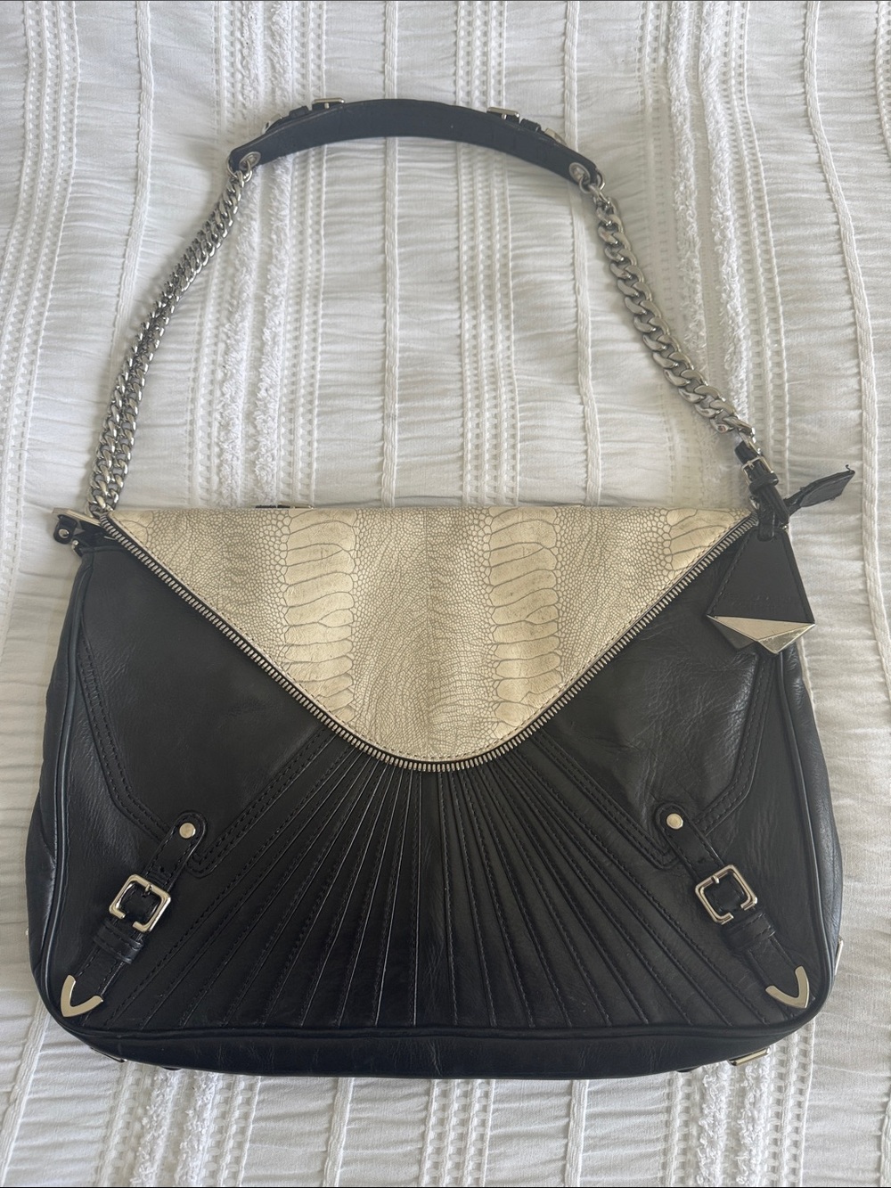 Rebecca Minkoff Black Leather Shoulder Bag with Cream Flap